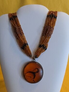 Vintage Amber Like Pendant & Beaded Statement Necklace - BEAUTIFUL PIECE!